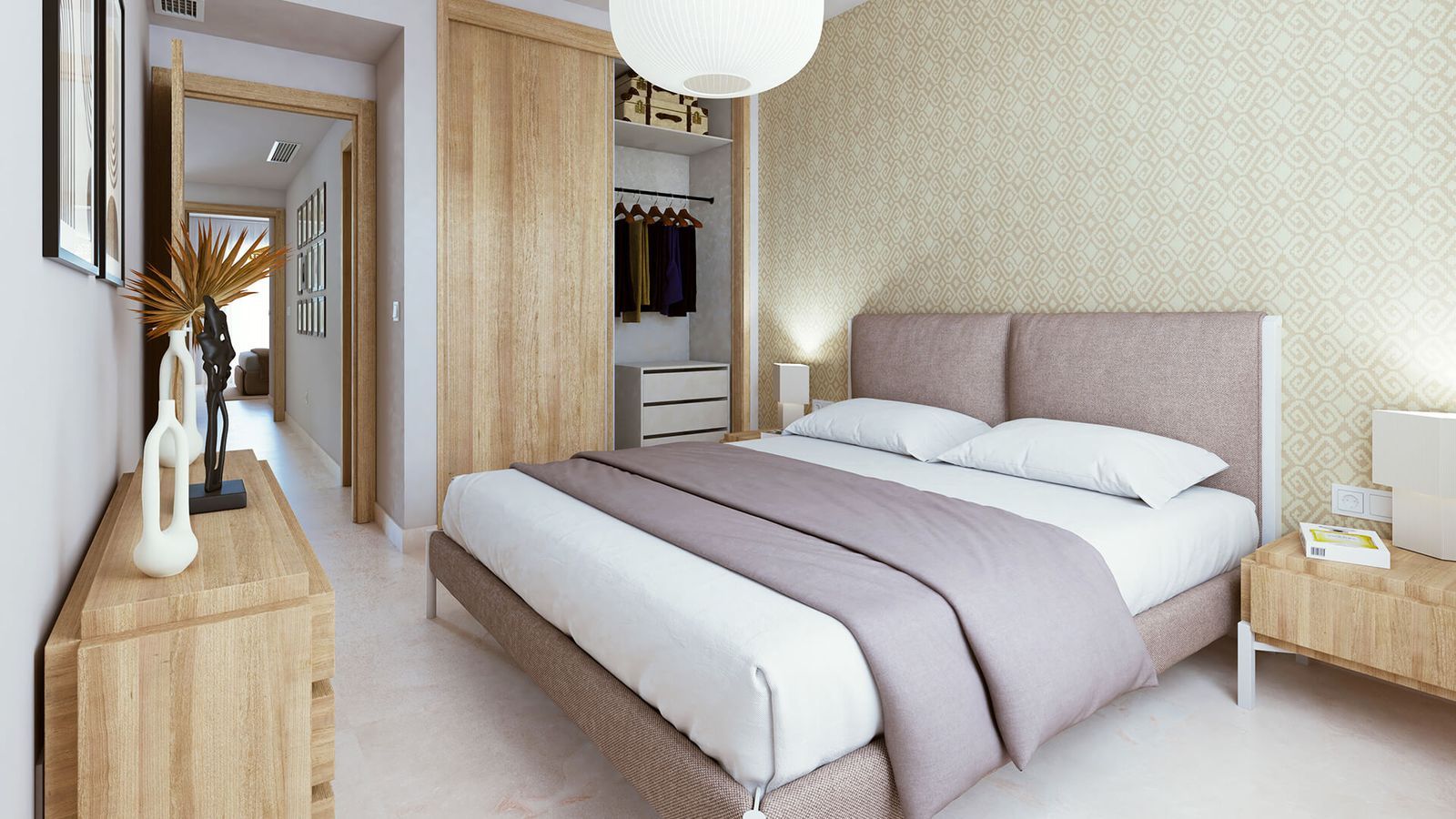 Przytulna sypialnia z drewnianymi akcentami i neutralną paletą kolorów.